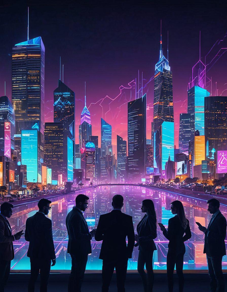A futuristic city skyline at dusk, illuminated by neon signs featuring cryptocurrency logos. In the foreground, a diverse group of tech-savvy individuals is engaged in animated discussions around digital tablets displaying charts and data. Elements like holographic graphs and blockchain symbols floating in the air create a tech-savvy atmosphere. Incorporate a sense of movement and excitement, showcasing the dynamic world of cryptocurrencies. vibrant colors. cyberpunk. 3D.